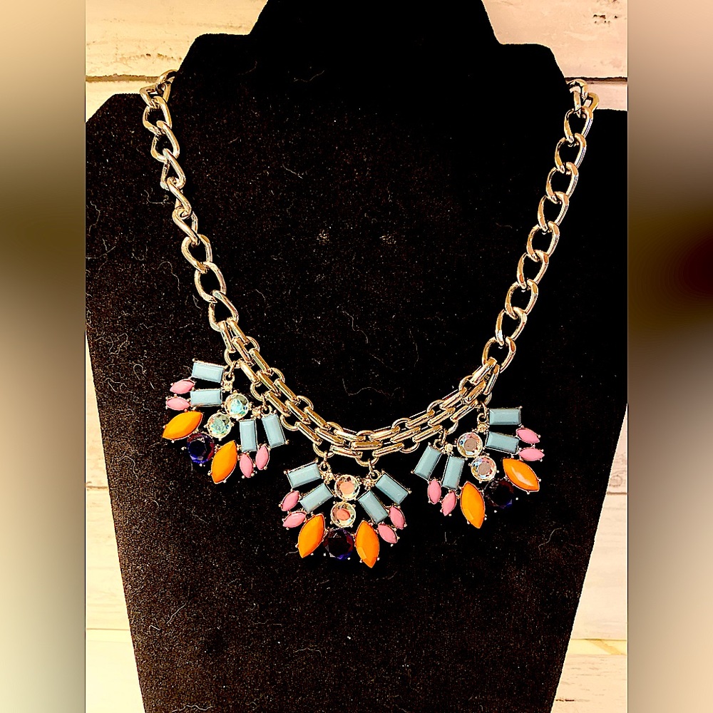 Vintage Silver J Crew Inspired Bib Necklace in Baby Blue,Peach,Lavender & Clear